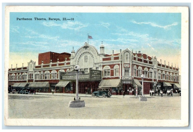 c1920 Parthenon Theater Building Crowd Classic Cars Berwyn Illinois IL Postcard