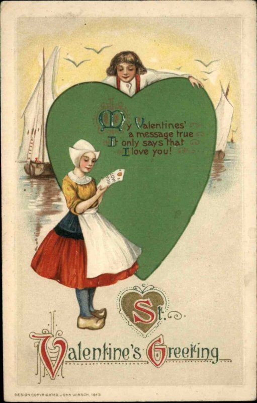 Winsch Valentine Dutch Boy and Girl Romance c1910 Vintage Postcard