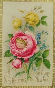 1870's-1880's Victorian Christmas Trade Card Poem On Back Girl In Rose P67