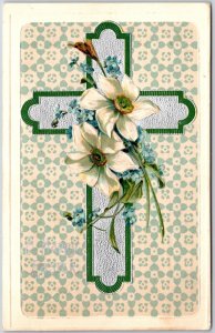 1910's White Flowers Crucifix Easter Greetings Posted Postcard