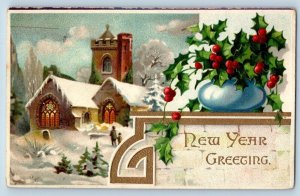 Manistee Co. MI Postcard New Year Greetings Church Winter Holly Berries c1910's