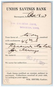 Stockton Iowa IA Davenport IA Postal Card Union Savings Bank 1917 Posted