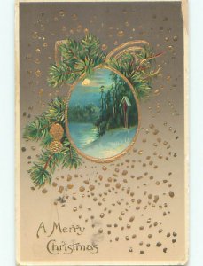 Pre-Linen christmas LAKE SCENE WITH GOLDEN PINECONES & BRANCHES k1068