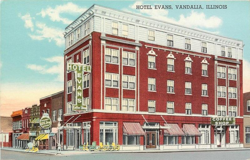 Linen Postcard; Hotel Evans & Coffee Shop, Vandalia IL Fayette County Unposted