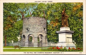 Postcard RI Newport - Ancient Viking Tower - The Old Mill and Channing Monument