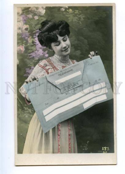 177589 FASHION Lady w/ Huge TELEGRAMME Vintage PHOTO PC