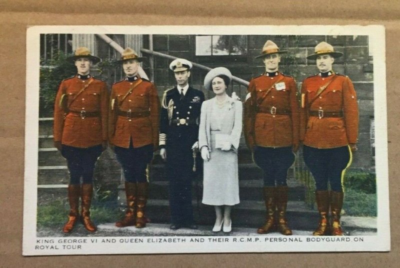 VINTAGE 1941 USED LINEN PC - KING GEORGE & QUEEN ELIZABETH & R.C.M.P. BODYGUARDS