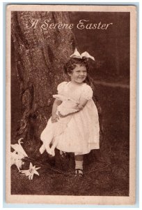 c1910's Easter Little Girl With Rabbit Lilies Flowers Unposted Antique Postcard