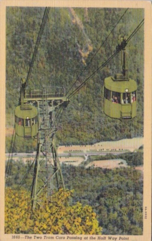 Two Tram Cars Passing At Hal Way Point Cannon Mountain Aerial Passenger Railw...