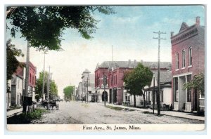 ST JAMES, Minnesota MN ~ Street Scene FIRST AVENUE 1914 Watonwan County Postcard