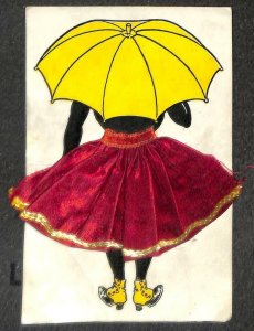 WOMAN UMBRELLA PURSE EMBROIDERED DRESS BLACK AMERICANA NOVELTY POSTCARD (c1910)