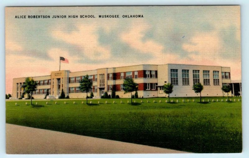 MUSKOGEE, Oklahoma OK ~ ALICE ROBERTSON Junior High School c1940s Linen Postcard