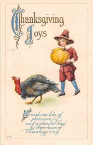 Thanksgiving Greetings Joy Pilgrim Boy Turkey Pumpkin 1916 postcard