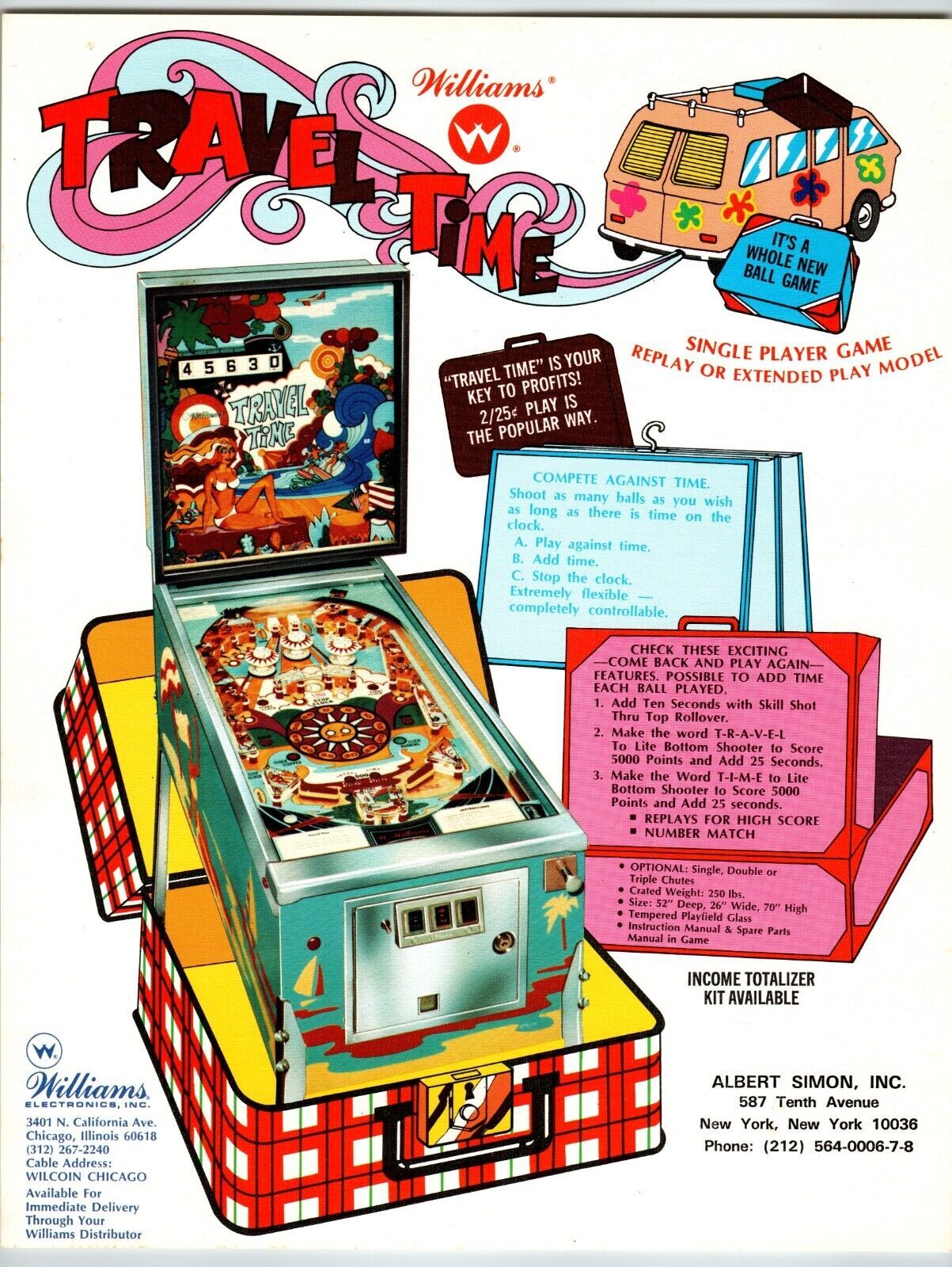 Travel Time Pinball Machine Flyer Original Retro 8.5" x 11" Mod Van Bikini Girl Ephemera