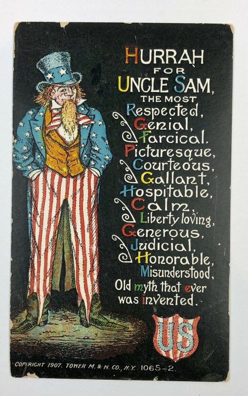 UNCLE SAM , FLAG, 1907 TOWER M & N CO NY, POSTCARD, JULY 4TH 106S-2