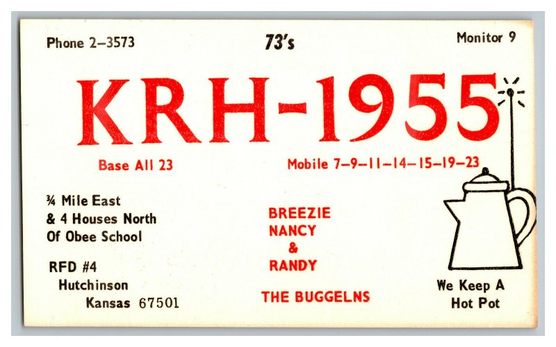 QSL Radio Card From Hutchinson Kansas KRH-1955