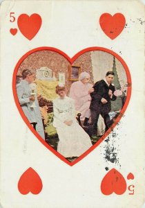 c1908 Postcard 5 of Hearts Playing Card, Parents & Young Couple Shotgun Wedding