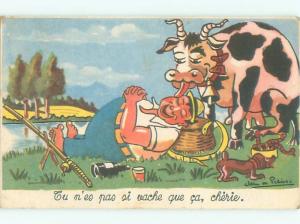 foreign Old Comic signed FISHERMAN DOESN'T KNOW COW IS LOOKING HIM AC3683