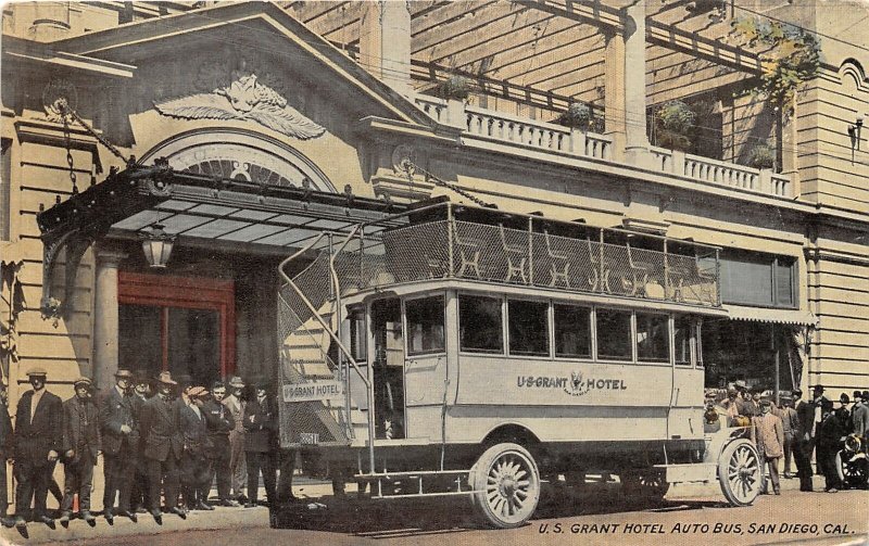 F81/ San Diego California Postcard 1913 U.S. Grant Hotel Auto Bus Tourists