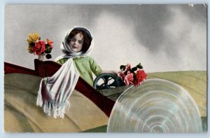 Pretty Little Girl Postcard With Roses Flowers Riding Car 1915 Posted Antique