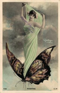 Art Nouveau Marthe Reutlinger Paris Woman Butterfly Vintage Postcard RPPC 06.90