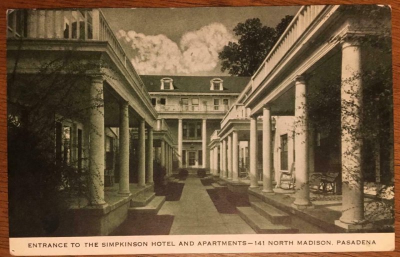 Entrance To Simpkinson Hotel & Apartments, Pasadena, CA 1939 Vintage Postcard