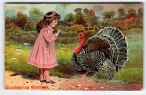 Thanksgiving Postcard  Girl Talks To Turkey Embossed Vintage 1907 Greetings