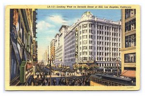 Looking West Seventh At Hill Los Angeles California c1945 Postcard Signs Stores