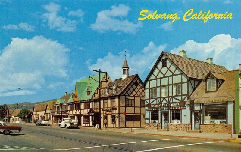 Solvang California 1960s Postcard Street Scene Danish Restaurant Truck 