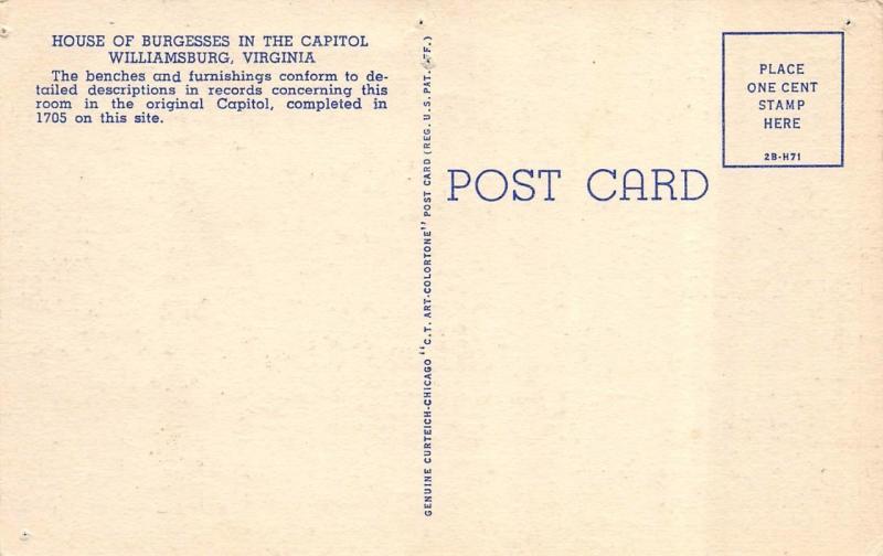 WILLIAMSBURG, VA  Virginia     HOUSE OF BURGESSES In Capitol    c1940's Postcard