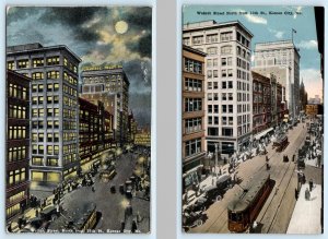 2 Postcards KANSAS CITY, MO ~ Night/Day WALNUT STREET Scene North from 12th St.