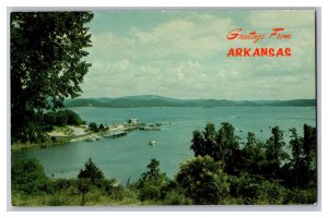 Vintage Postcard AR Greetings From Arkansas Lake Boat Dock