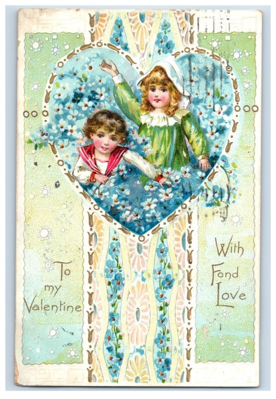 C1910 Kids Fond Heart Love Valentines Postcard F108E