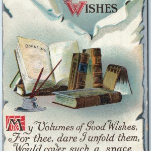 c1910s Volumes Good Wishes Books Quality Postcard Luck Library Fountain Pen A211