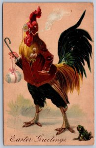 K26/ Easter Postcard Holiday Greetings c1910 Dressed Rooster Frog 169