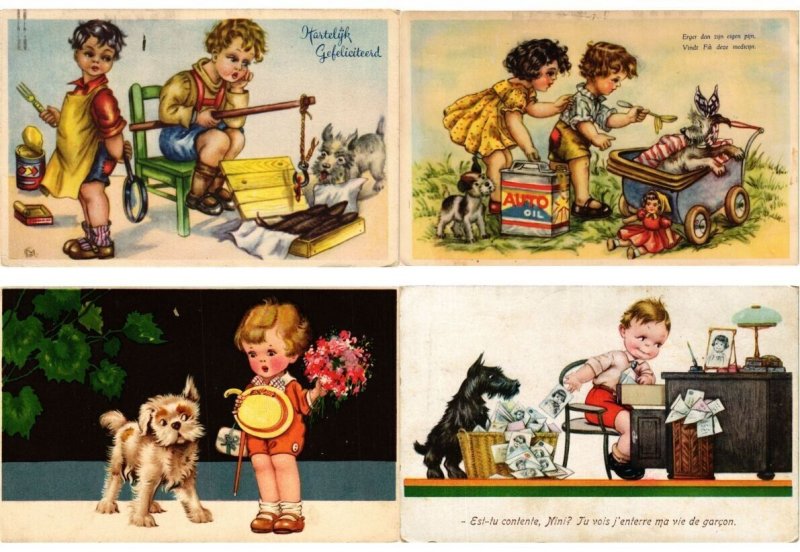 CHILDEN WITH DOGS ARTIST SIGNED HUMOR, 108 Vintage Postcards (L6228)