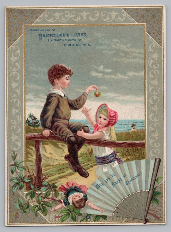 Partridges Cafe, Philadelphia, Boy & Girl Ocean Apple, Christmas, Trade Card  T3