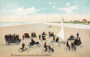 FLORIDA~ROUND UP ON ORMOND DAYTONA BEACH-BICYCLE-WINDSAIL-AUTOS~1900s POSTCARD