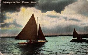 Sailboats, Moonlight on Lake Manawa, Iowa Vintage c1909 Postcard H01