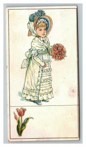 Vintage 1880's Victorian Trade Card Beautiful Girl in Fine Dress - Pink Roses