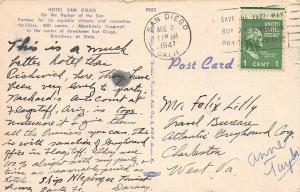 Hotel San Diego, San Diego, California, Early Postcard, Used in 1947