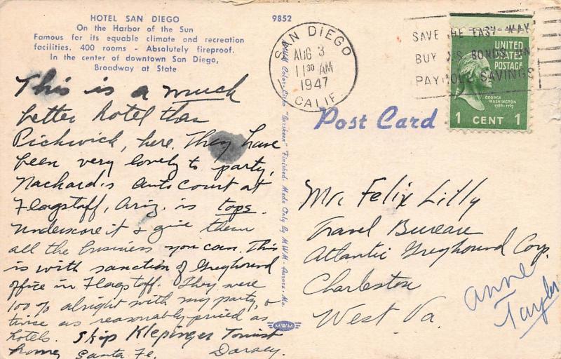 Hotel San Diego, San Diego, California, Early Postcard, Used in 1947