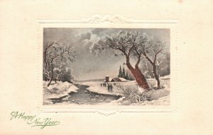 Vintage Postcard 1910's A Happy New Year Greetings Card Winter Snow Stream Scene