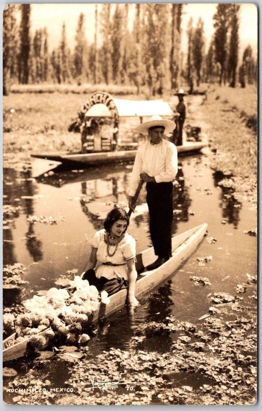 Xochimilco Mexico Couple Boating In-Stream White Flowers Real Photo Postcard
