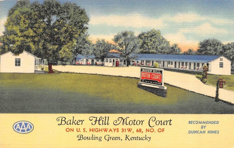 Bowling Green, KY Kentucky  BAKER HILL MOTOR COURT Roadside Motel LINEN Postcard
