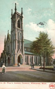 Vintage Postcard 1908 St. Paul's Catholic Church Parish Worcester Massachusetts