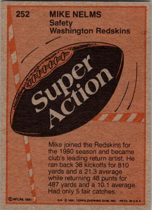 1981 Topps Football Card Mike Nelms Washington Redskins sk60437