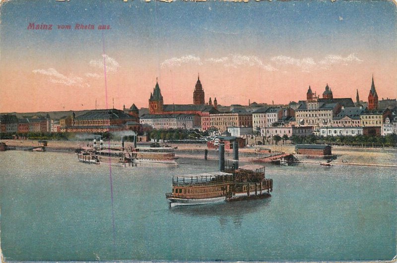 Germany navigation themed postcard Mainz vom Rhein paddle steamer