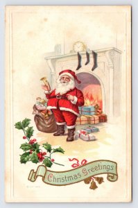 Santa Claus Red Robe, Fireplace Stockings Toy Sack Holly, Christmas Postcard  P3