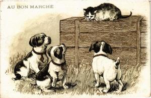 CPA AK Au Bon Marche, puppies and the cat DOGS (727296)